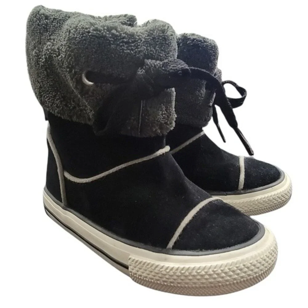 Converse Black Leather Suede Fur Cuff Boots Unisex 717669 Infant Size 6